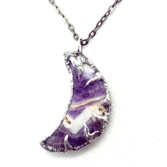 Chevron amethyst moon crystal necklace handmade gothic fantasy metalwork - Picture 11 of 16